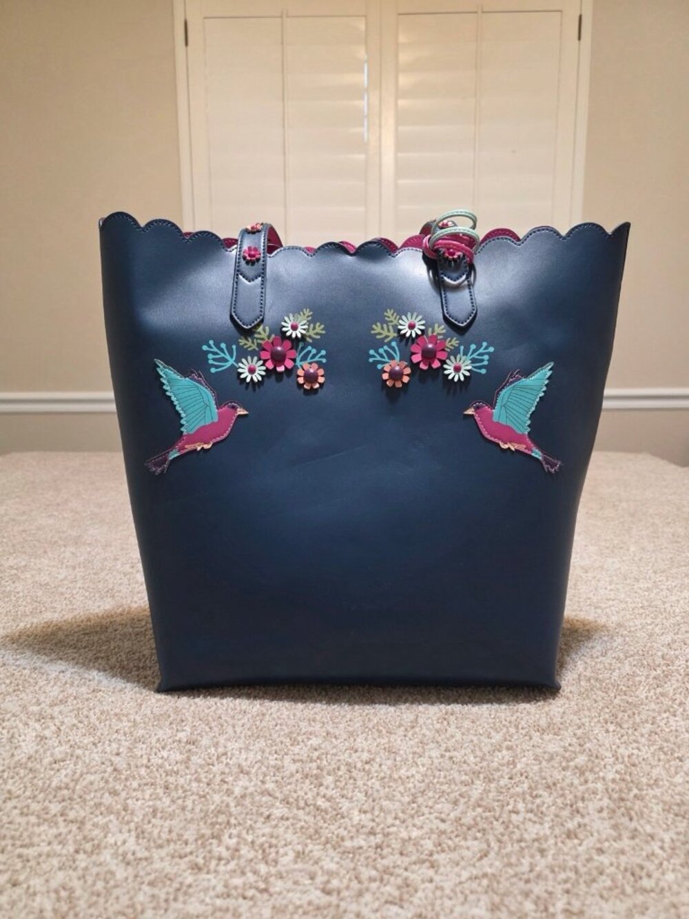 Vendula London Dark Blue Cuckoo Clock Tote Bag Vegan Leather Large Bird Purse
